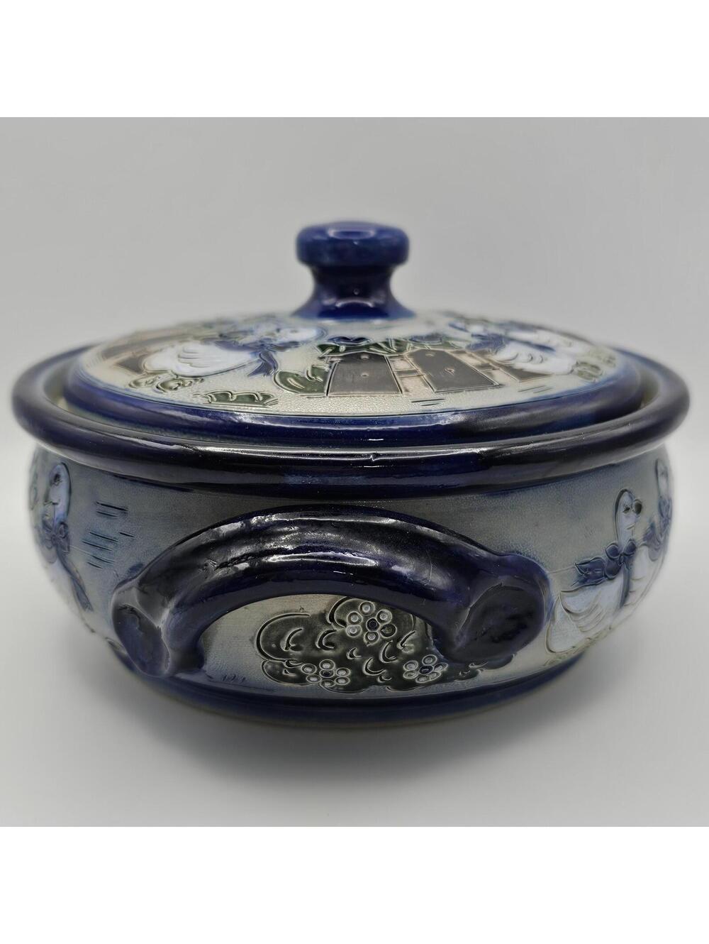 Vintage Handmade Studio Pottery Lidded Dish Signed Duck Floral Stoneware Cottage - Picture 6 of 15